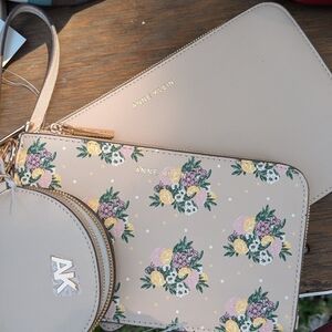 Anne Klein Floral Beige Clutch and Wristlet Set